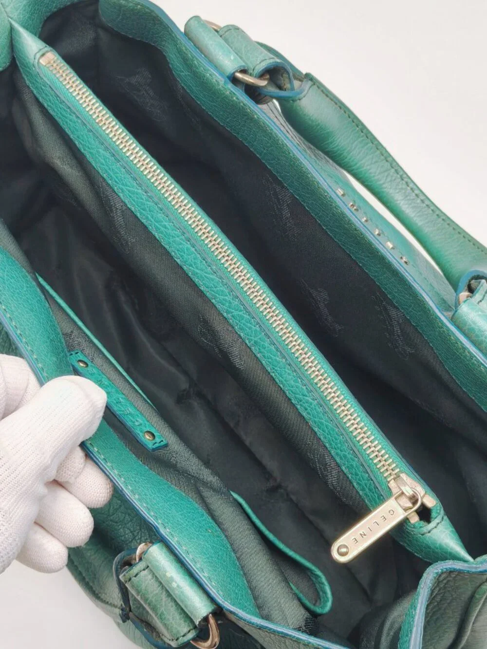 Celine Pebbled Leather Satchel Handbag Turquoise Blue Teal Silver Hardware
